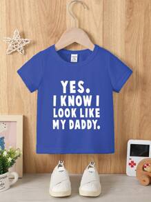 Kaos Bayi Laki-laki Kasual Bergaya Nyaman Motif Kotak-kotak & Slogan Lengan Pendek Kerah Bulat, Musim Panas - Biru - View 3