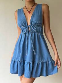 Aloruh 女士牛仔无袖迷你连衣裙，休闲修身，蓝色 - 藍色 - 查看 1