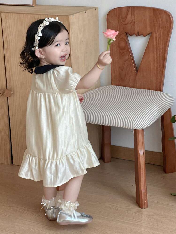 Toddler Girls' Peter Pan Collar Color Block Bow Cute Korean Style Mid-Length Dress