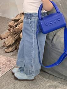 Hapijoa 女婴休闲侧开衩宽松直筒水洗牛仔裤，幼儿秋装 - 藍色 - 查看 5