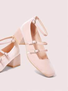 CUCCOO DOLLMOD 莲藕粉色韩版仿皮草玛丽珍粗跟方头时尚女士高跟鞋 - 藕粉色 - 查看 9