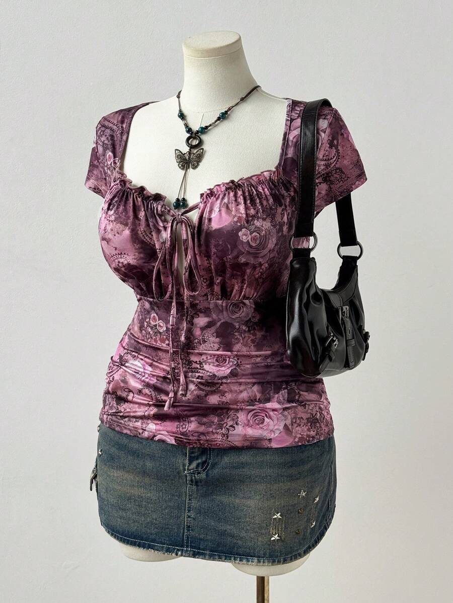 Flirla Plus Size Women's Cowl Neck Short Sleeve Puff Sleeve Rose & Cashew Flower Vintage Print Slim Fit Casual T-Shirt, Spring/Summer  Vintage - Multicolor - View 1