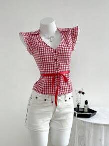 Elamini 女式红色格子束腰低领荷叶边下摆休闲夏季衬衫