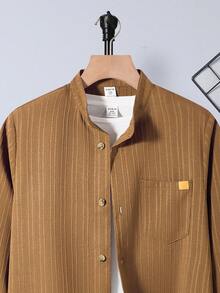 SHEIN 休闲秋季青少年男童纹理罗纹领口袋长袖衬衫，百搭日常商务穿着，棕色衬衫，秋冬季 - 棕色 - 查看 5