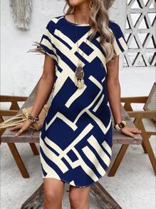 Faunlyn 女式几何印花圆领短袖休闲迷你连衣裙，夏季 - 藍色 - 查看 4