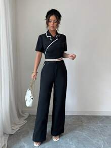 SHEIN Unity 2 件套女士纯色短袖上衣和裤子套装，工作通勤装 - 黑色 - 查看 4
