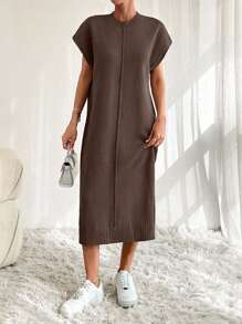 EURMUSE Solid Button Detail Batwing Sleeve Sweater Dresss - Brown - View 7