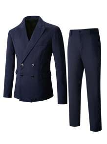 Manfinity Mode Men's Elegant Business Casual Peak Lapel Double-Breasted Suit Set - Navy Blue - View 5