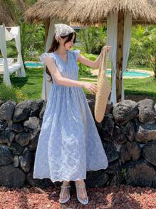 DAZY Abito casual da donna con maniche a campana, scollo a V, arricchito da ricami, ideale per le vacanze estive
