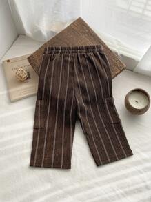 SHEIN Vintaside Kids 男婴条纹裤，百搭舒适，适合任何季节，可搭配任何款式的上衣 - 咖啡棕 - 查看 2