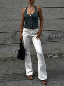 DAZY Top corto y ajustado de mezclilla sexy con cuello halter para mujeres - Azul lavado oscuro - Ver 2