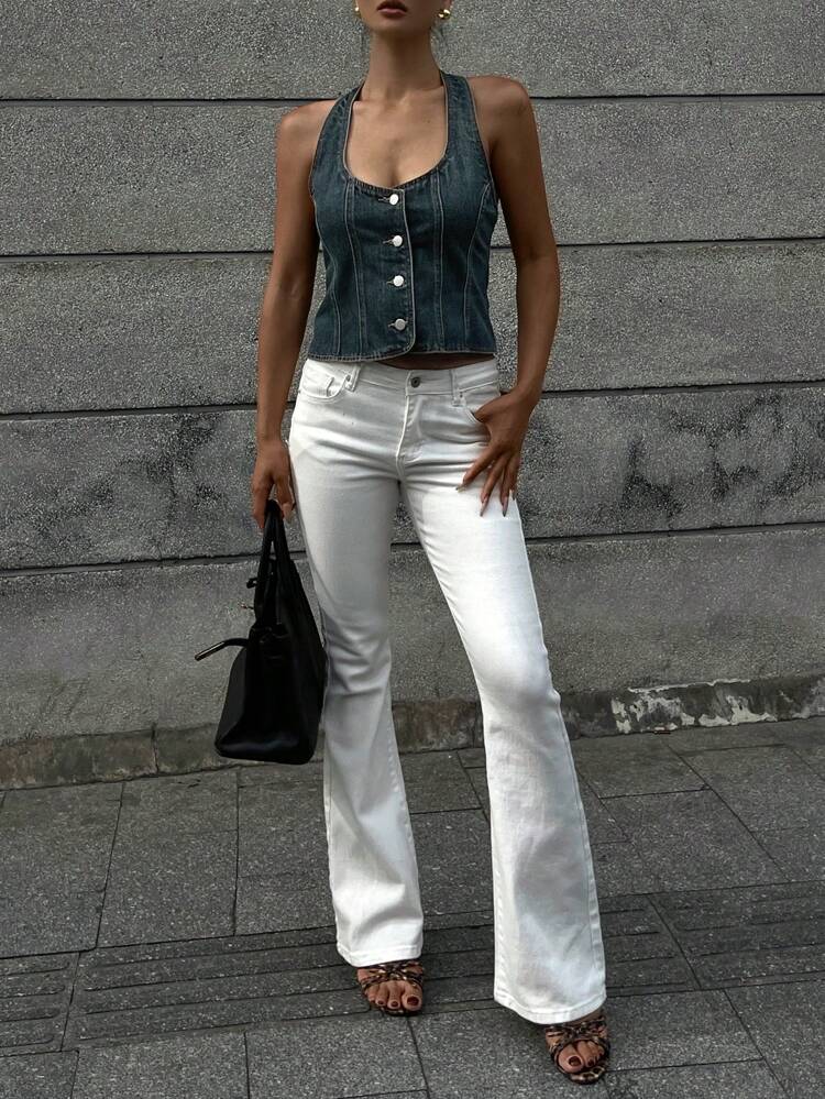 Women Halter-Neck Super Cropped Fitted Sexy Denim Top
