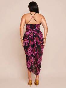 SHEIN BAE 加大码女款紫色网眼印花褶饰高开衩垂坠领吊带裙,春夏,Y2K,美国独立日服装,性感女款俱乐部服装,乡村音乐会服装,美国独立日,女款音乐会服装,狂欢节服装,女款西部服饰,毕业礼服,女款碎花度假服装,夏季服装 - 紫色 - 查看 3