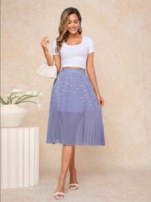 Ellevyn Falda de gasa azul de alta calidad, de corte delgado, con pliegues y cuentas, elegante y nueva, para el verano