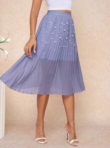 Ellevyn Falda de gasa azul de alta calidad, de corte delgado, con pliegues y cuentas, elegante y nueva, para el verano