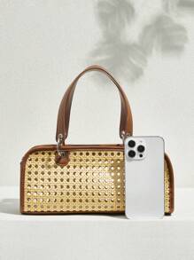 SHECARRY Women Fashion Elegant Minimalist Versatile Woven Cutout Patchwork PU Handbag, Suitable For Summer, Vacation, Dating, Commuting, Gathering