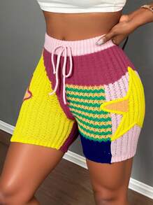 Slaydiva Pantalon court à jambes larges en laine contrastée avec décoration d'étoiles vintage, pour une tenue d'été 2025 casual, de rue et de rendez-vous. Pantalon femme