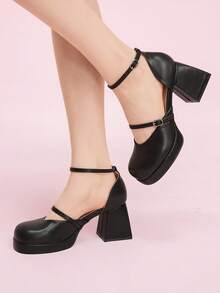 CUCCOO DOLLMOD 圆头玛丽珍鞋，新款法式系带搭扣镂空高跟厚底粗跟女鞋 - 黑色 - 查看 4