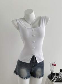 SHEIN Unity Top de punto sin mangas de color liso casual de verano - Blanco - Ver 4