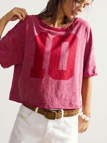 Bohemela Áo thun nữ cổ tròn tay ngắn dệt kim dáng rộng màu trơn, thường ngày - Đỏ - Xem 1