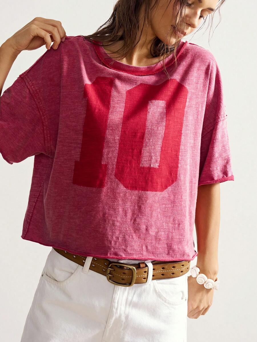 Bohemela Áo thun nữ cổ tròn tay ngắn dệt kim dáng rộng màu trơn, thường ngày - Đỏ - Xem 1