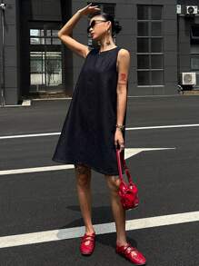 DAZY 深色水洗无袖宽松长款牛仔上衣，春夏 - 深色水洗藍 - 查看 8