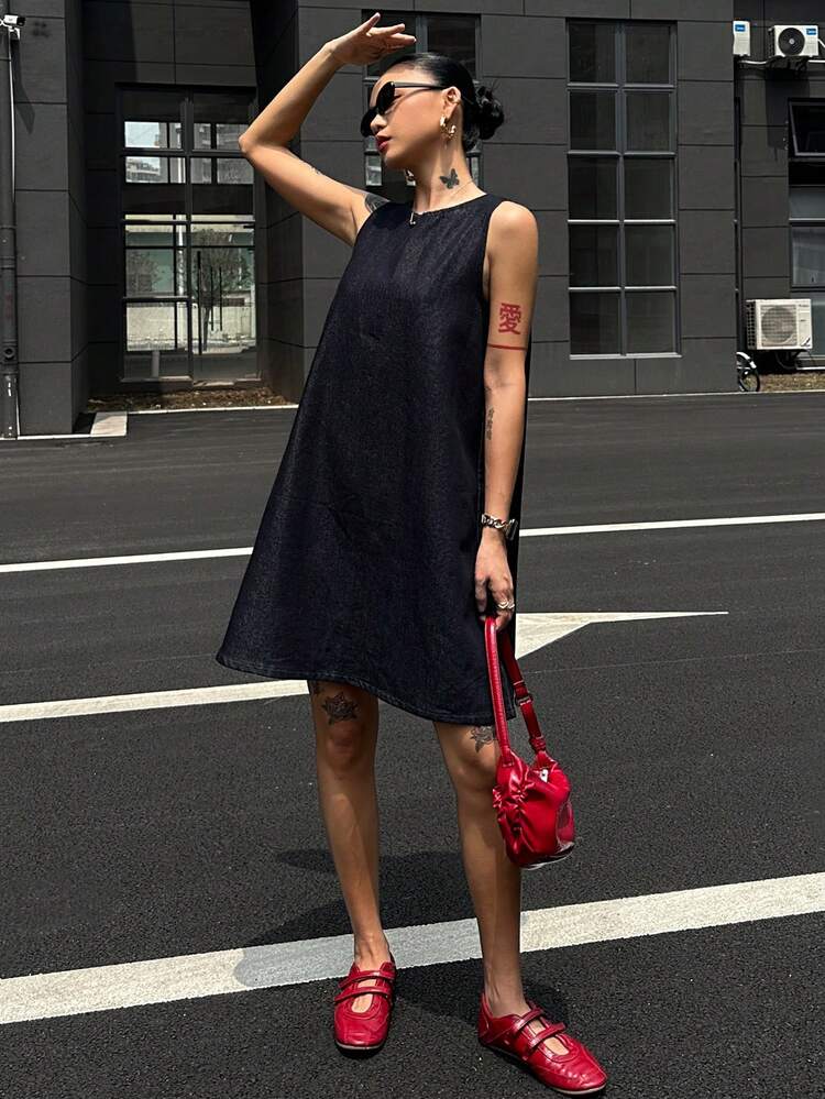Dark Wash Sleeveless Loose Fit Long Denim Top, Spring/Summer