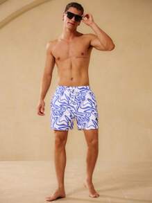 Surfspeed Men's Marble Print Drawstring Waist Loose Beach Shorts, Hawaiian - Blue and White - View 6