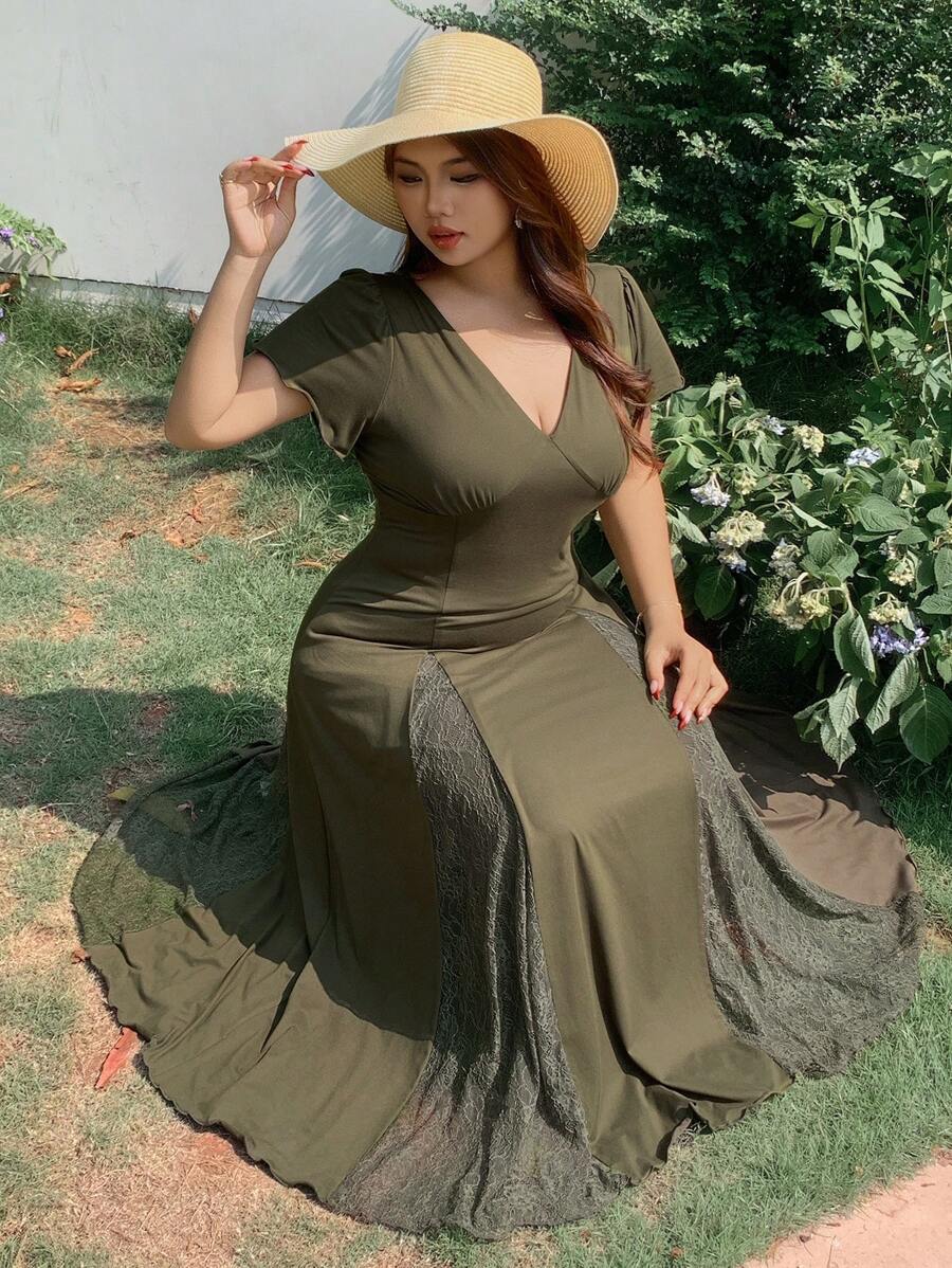 Dazy Plus Solid Color V-Neck Ruffle Sleeve Contrast Lace Elegant Dress