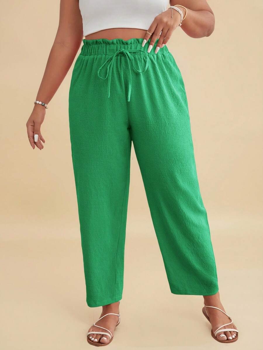 Travachic Pantalon décontracté de grande taille avec cordon de serrage à la taille et coupe fuselée, couleur unie - Vert - Voir 1