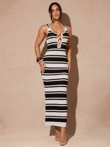 Silquee Women's Summer Casual Black And White Colorblock Striped Sleeveless Tight Knit Dress Beaded Dress Women's Summer Wear, Women's Dress, Resort Wear - Brown - View 6
