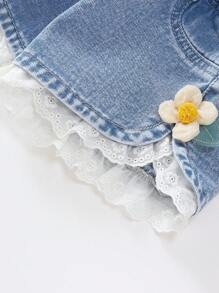 Quần short denim xanh giặt được cho bé gái dễ thương thường ngày đi nghỉ đa năng phụ kiện 3D ren cạp chun trang trí khóa cài - Rửa nhẹ - Xem 3