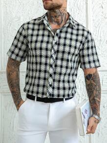 Manfinity Homme Men's Black Jacquard Cotton Plaid Short Sleeve Shirt,Black And White Checkered Button Up,Summer Casual City Break Beachwear Cool Button Downs Shirts - Black - View 7