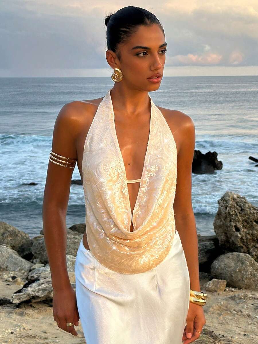 Opulessa Sommer-Strandurlaubs-Outfits für Abschlussfeiern, elegant, sexy, Pailletten, einfarbig, Rundhalsausschnitt, ärmellos, Jacquard-Strick, Damen-Top, stilvoll