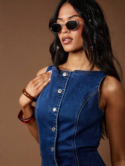 MISSGUIDED Bodycon Fitted Sleeveless Button Front Denim Mini Dress MISSGUIDED