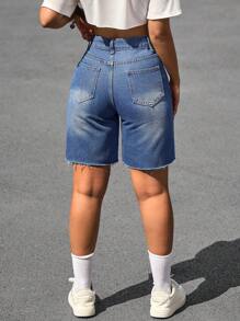 SHEIN PETITE Quần short denim thường ngày tua rua màu tương phản dành cho nữ - Màu xanh lam - Xem 2