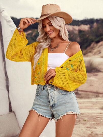 LanaWest Women's Bohemian Embroidered Floral Trumpet Sleeve Yellow Cardigan, Suitable For Music Festival & Vacation Fall Winter Cloth For Women