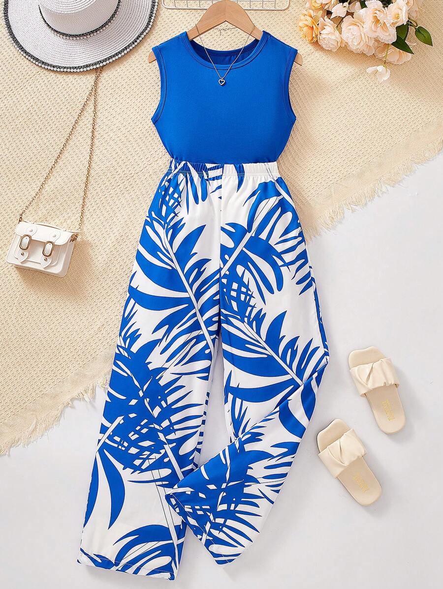 SHEIN Bộ 2 chiếc áo hai dây trơn màu phong cách nghỉ mát cho bé gái tuổi teen và quần ống rộng in họa tiết nhiệt đới, mùa hè - Xanh đậm - Xem 1