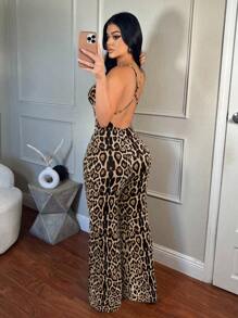 SHEIN SXY 女式性感豹纹深V领露背连体衣，夏季 - 棕色 - 查看 2