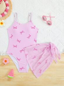 SHEIN Girls One-Piece Swimsuit With Butterfly Pattern And Fringe Hem, Black With Bow Accent - Red and White - View 3