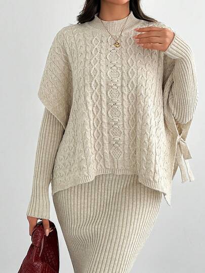 SHEIN Tall Women's Two-Pieces Casual And Elegant Sweater Blouse With Rope And Dress, Daily Wear, Fall, Winter, Tie Back Cream Two Piece Set Sweater Sets For Women
