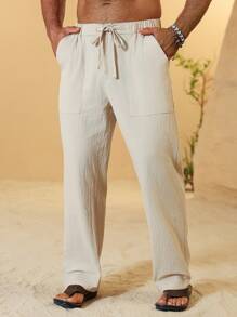 Genlund Quần vải lanh cotton trơn màu thường ngày có dây rút cho nam, mùa thu - Màu be - Xem 3