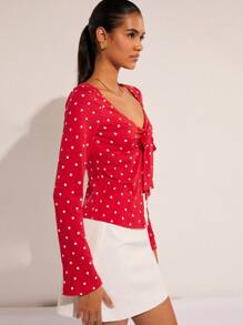 COSMINA Blusa donna a maniche lunghe con pois e nodo sulla parte anteriore