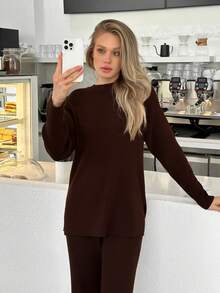 Brown Two Piece Set Women Knit Sweater With High Neck And Sweater Pant Cozy 2pcs Set Co-Ords,Winter Clothes - Chocolate Brown - View 6