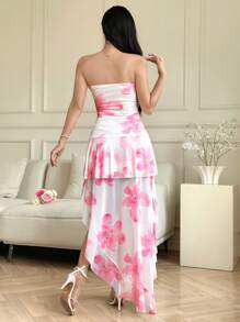 Modelyn 女士节日花卉印花褶皱开衩侧裙，女士时尚性感婚礼派对舞会性感连衣裙，腰部修身面料舒适柔软有弹性，女士返校工作夏装，粉色印花女装 - 白色 - 查看 3