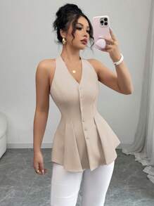 Elenzga Áo sơ mi nữ cổ chữ V không tay màu trơn thanh lịch, giản dị, công sở & nghỉ dưỡng, thiết kế chữ A, eo gập - Màu be - Xem 5