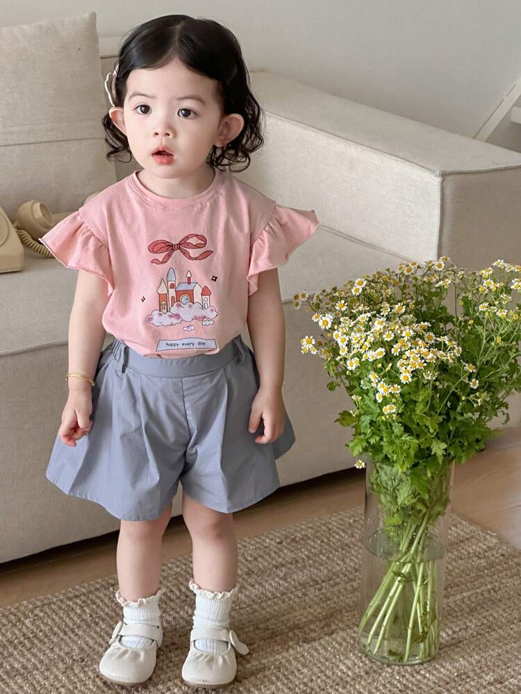 Toddler Girls Round Neck Flutter Sleeve Bowknot Cute Print Cap Sleeve T-Shirt With Casual Pleated Shorts Set