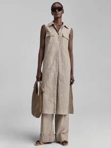 Ontre 2025 年新乡村音乐节，舒适休闲风格，编织条纹，棕色，无袖，贴袋，长衬衫，女式衬衫，日常穿着，四季通用，舒适休闲装，休闲装，商务休闲女式办公室，低调复古风，高品质，城市通勤，高端机场时尚，优质材料 - 棕色 - 查看 8