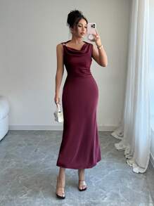 Elenzga Damen elegantes lang geschnittenes Kleid mit verdecktem Kragen, einfarbig und figurbetont