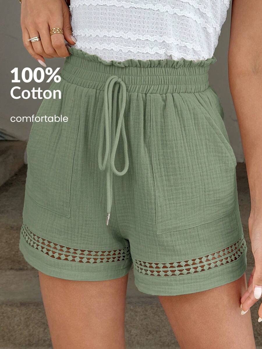 Easowa Pantalones cortos de algodón caqui con parches y cintura elástica para mujer, para primavera/verano